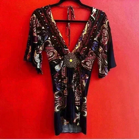 Y2K Silk multicolor kimono sleeve tunic top size Medium - Picture 1 of 7